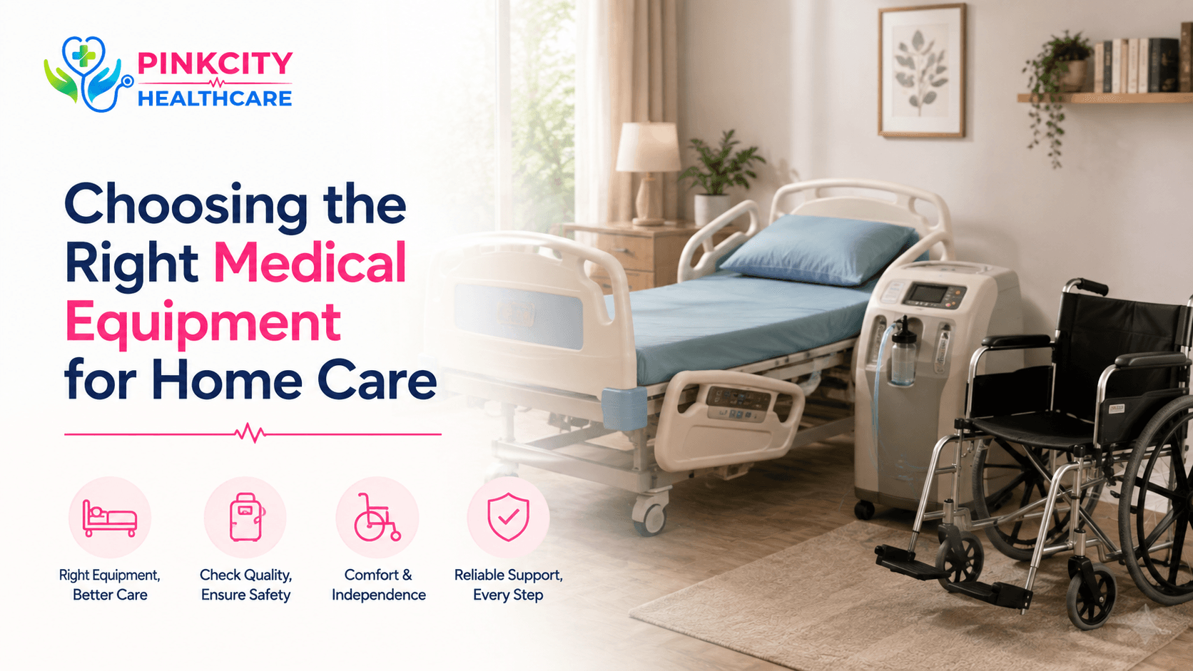 A hospital bed and oxygen concentrator set up in a home care room
