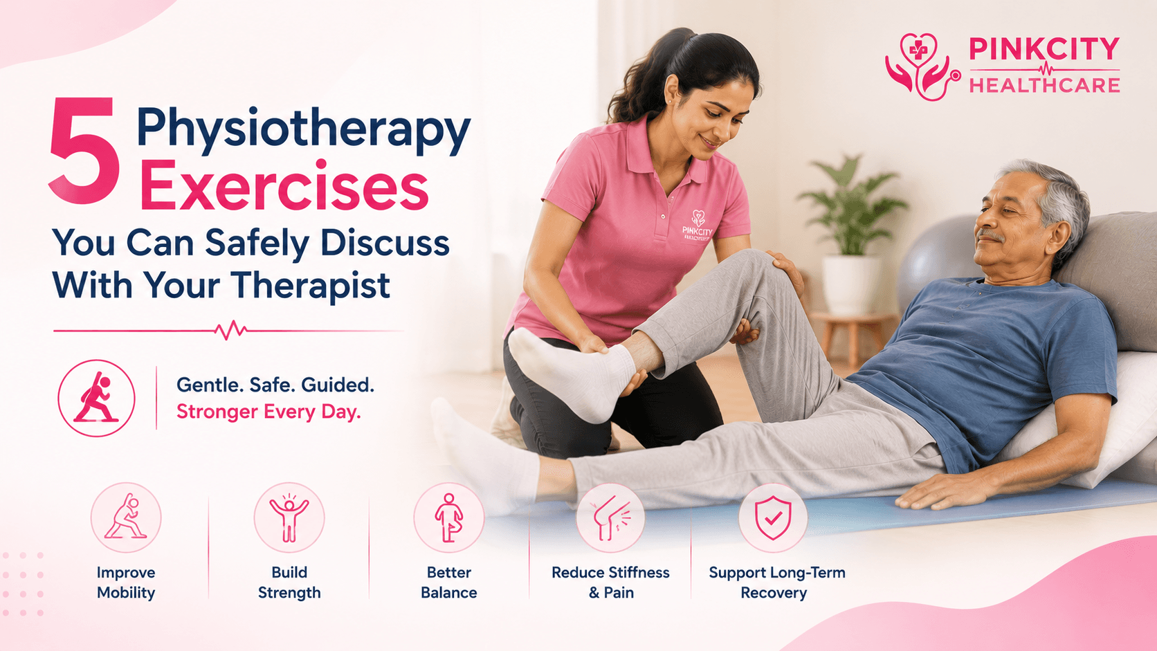 A physiotherapist guiding a patient through a gentle home exercise
