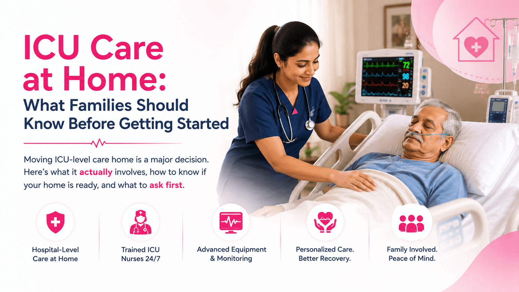 An ICU nurse monitoring equipment beside a patient's bed at home