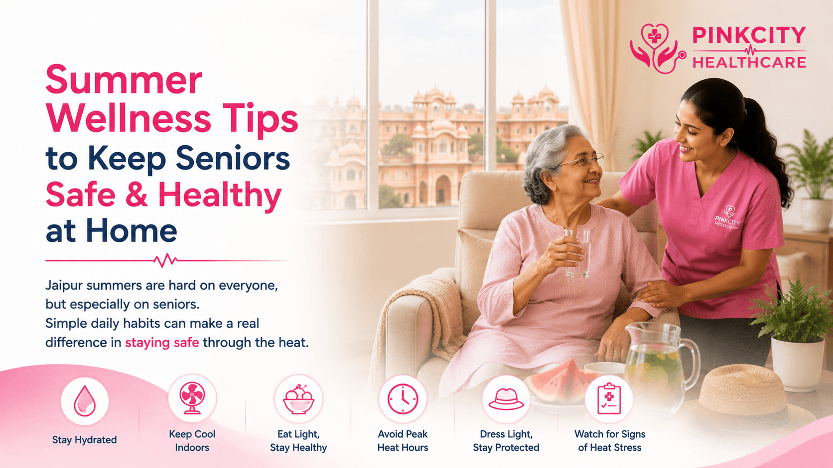 A caregiver helping a senior stay cool and hydrated at home